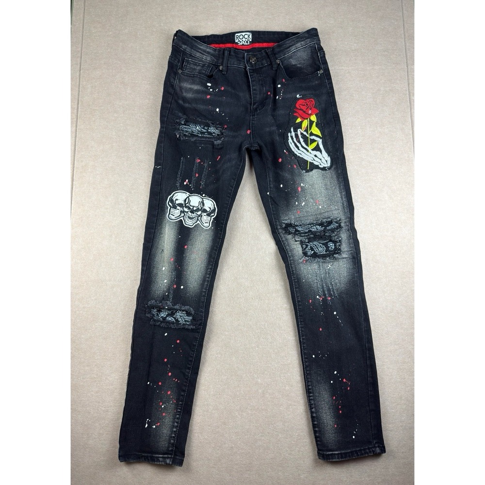 Rock Salt Jeans Men 30 Black Skinny Paint Skull‎ Rose Patch Distressed